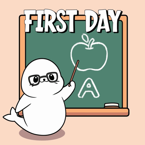 Seal Pointing at Apple on First Day Chalkboard