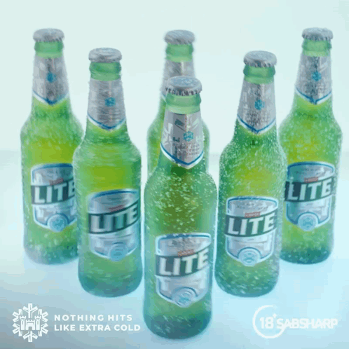 several bottles of lite beer are lined up on ice