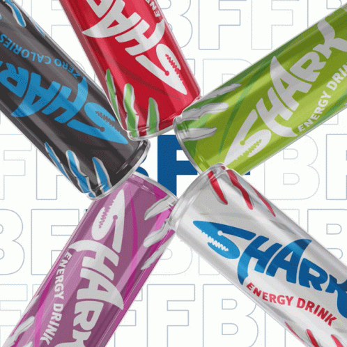 Several Cans Of Shark Energy Drink Are Laying On Top Of Each Other GIF
