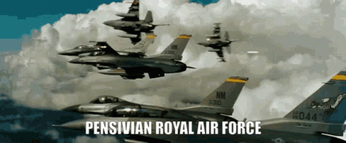 Several Fighter Jets Flying in Formation With Words Pensivian Royal Air Force