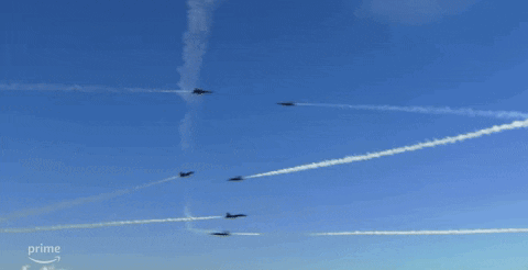 Several Planes Are Flying In A Blue Sky With The Word Prime On The Bottom GIF