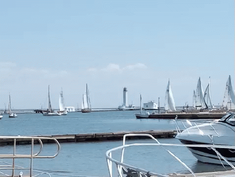 Several Sailboats Are Docked In A Harbor And One Of Them Has A Sail That Says ' A ' On It GIF