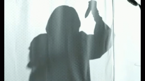 Shadow of Person Holding Knife Behind Shower Curtain
