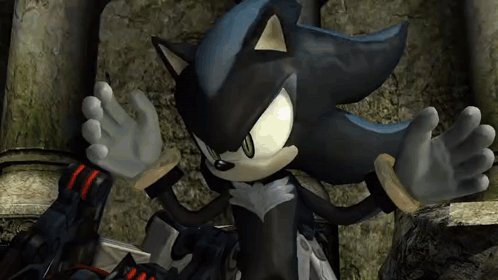 shadow the hedgehog from the video game sonic the hedgehog is standing next to a statue .