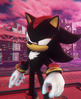 shadow the hedgehog stands in front of a pink skyline
