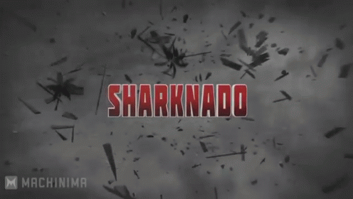 Sharknado Is Written In Red Letters On A Gray Background GIF
