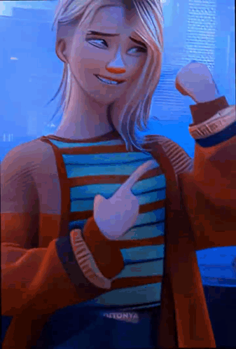 Shaved Head Cartoon Girl in Striped Shirt Pointing