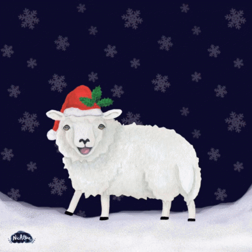 Sheep in Santa Hat With Snowflakes