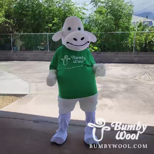 Sheep Mascot in Green Shirt Saying Bumby Wool