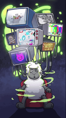 Sheep Surrounded by Televisions With Skull