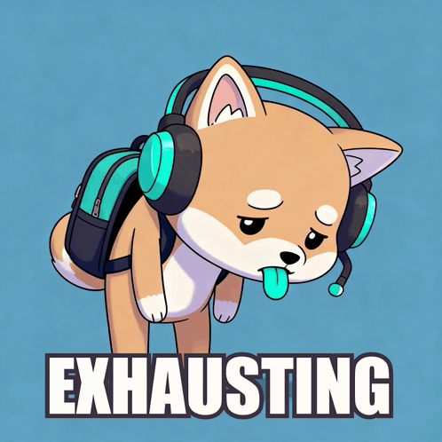 Shiba Inu Wearing Headphones And Backpack Saying Exhausting GIF