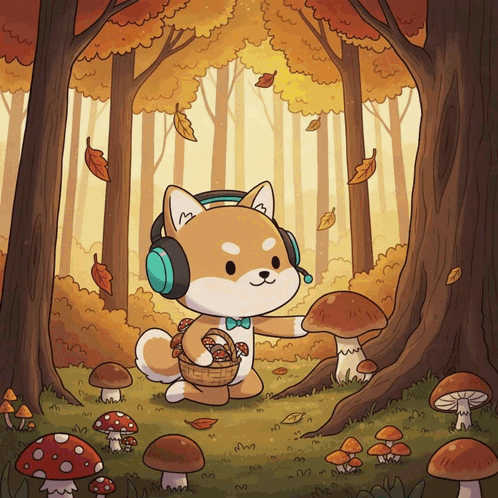 Shiba Inu Wearing Headphones Picking Mushrooms
