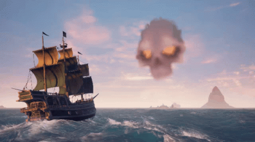 Ship in Ocean With Skull in Sky