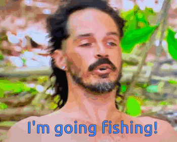 Shirtless Bearded Man Fishing