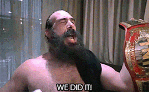 Shirtless Bearded Man Holding Wrestling Belt Saying We Did It GIF
