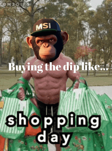 Shirtless Chimpanzee In MSI Hat Holding Shopping Bags GIF
