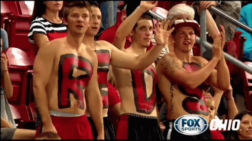 Shirtless Fans Cheering At Fox Sports Ohio GIF