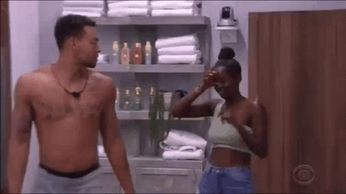 Shirtless Man And Woman Standing In Bathroom GIF