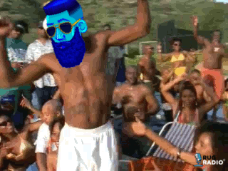 Shirtless Man Blue Beard Sunglasses Dancing Crowd Sponsored Rug Radio