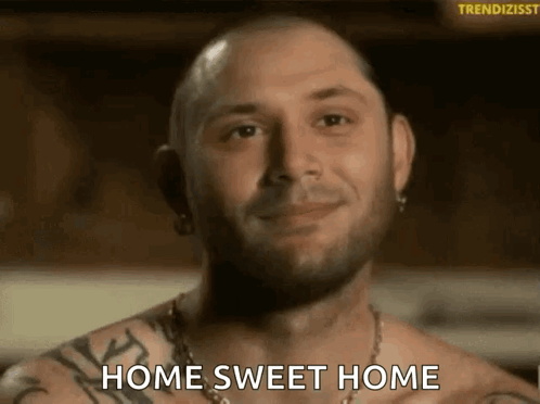Shirtless Man Chest Tattoo Smiling Home Sweet Home