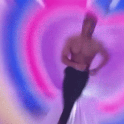 Shirtless Man Dancing Against Pink and Blue Heart-Shaped Background