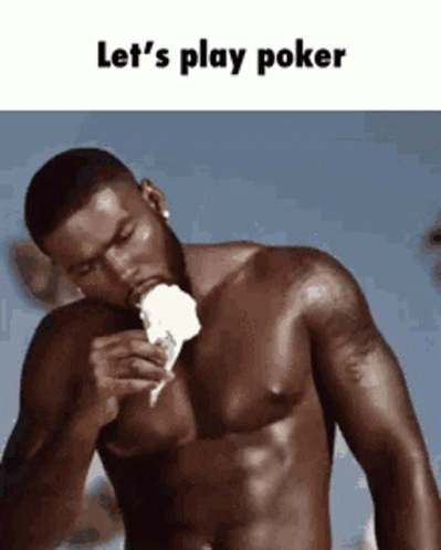 Shirtless Man Eating Ice Cream Saying Let's Play Poker