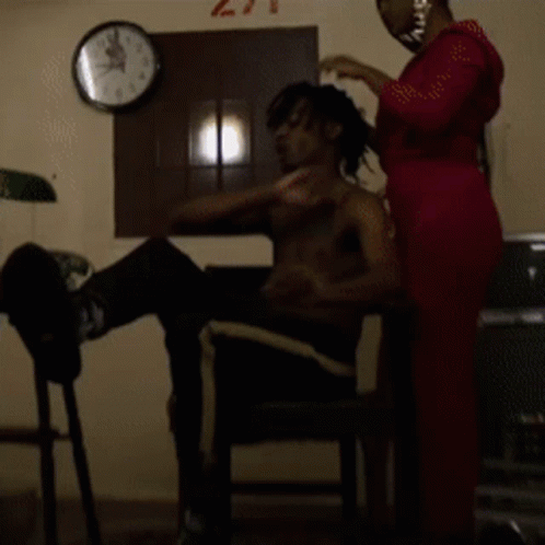 Shirtless Man Getting Haircut From Woman Clock 271