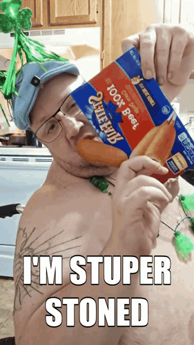 Shirtless Man Holding Beef Chili Fries Bag