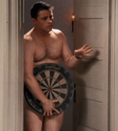 Shirtless Man Holding Dart Board Saying Excelsior