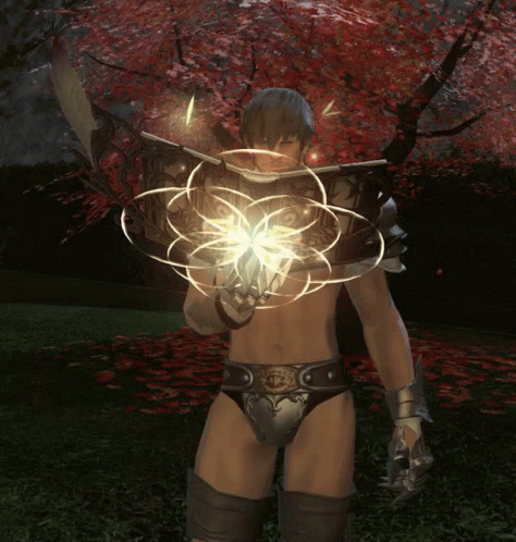 Shirtless Man Holding Shield and Sword near Red-Leaf Tree