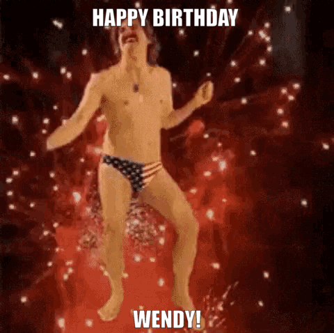 Shirtless Man in American Flag Underwear Dancing Fireworks Happy Birthday Wendy