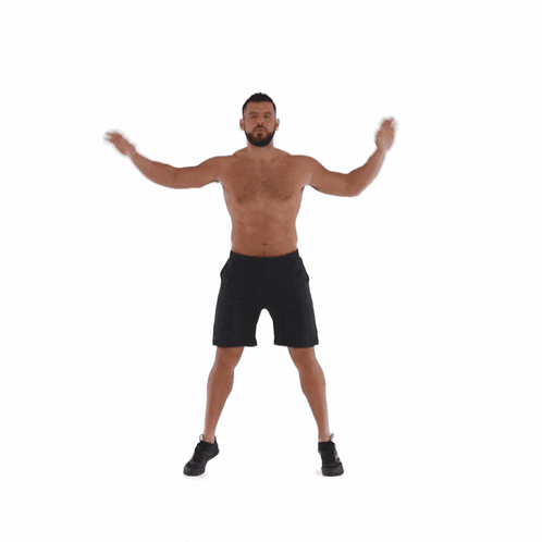 Shirtless Man In Black Shorts With Arms Up GIF