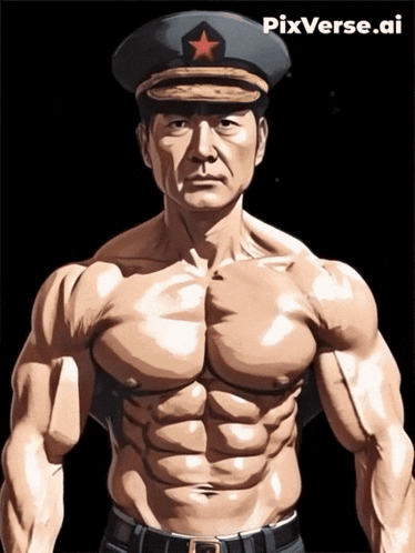 Shirtless Man In Military Hat With Red Star GIF