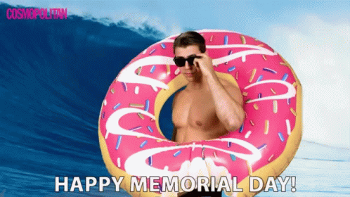 Shirtless Man in Pink Donut Float Happy Memorial Day
