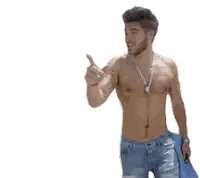 Shirtless Man in Ripped Jeans Pointing