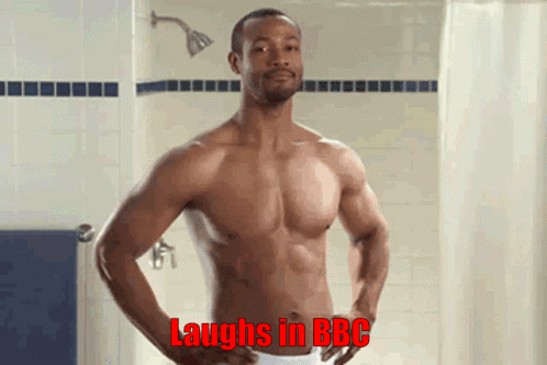 Shirtless Man Laughing In Bathroom With Red BBC GIF