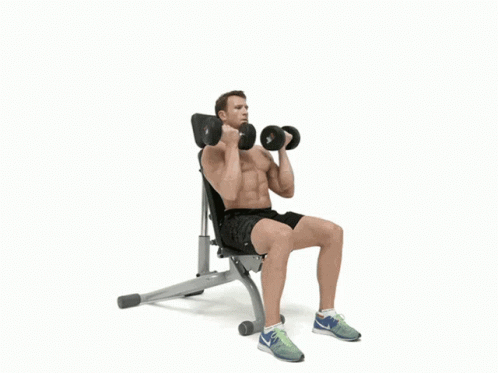 Shirtless Man On Bench Lifting Dumbbells Overhead GIF