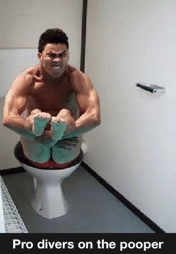 Shirtless Man on Toilet Pro Divers on the Pooper