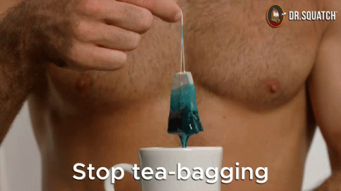 Shirtless Man Pouring Tea Bag Saying Stop Tea-Bagging GIF