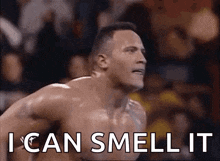 Shirtless Man Saying I Can Smell It To Crowd GIF