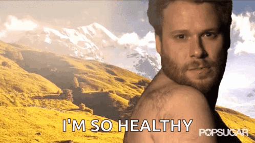 Shirtless Man Says I'm So Healthy at Mountain Range