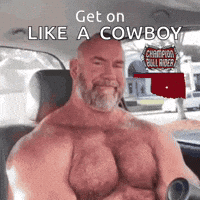 Shirtless Man Sitting in Car Get On Like Cowboy