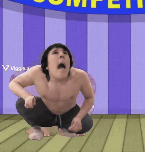 Shirtless Man Squatting in Front of Competition Sign
