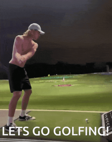 Shirtless Man Swinging Golf Club Lets Go Golfing