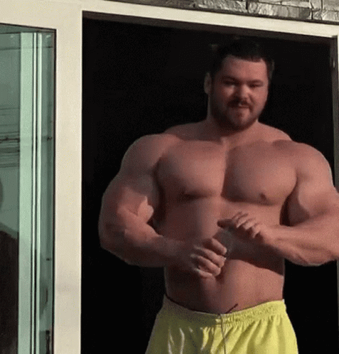 Shirtless Man With Beard by Glass Door