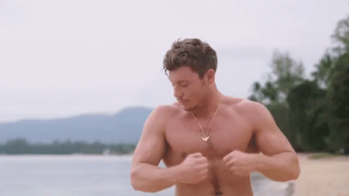 Shirtless Man With Gold Necklace On Beach GIF