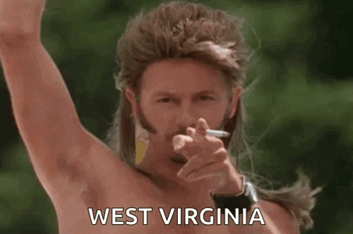 Shirtless Man With Mullet Smoking Cigarette and Pointing