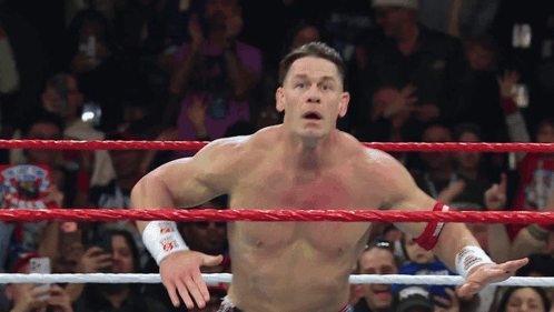 Shirtless Wrestler In Wrestling Ring With Crowd GIF