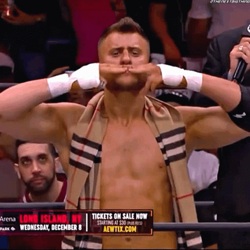 Shirtless Wrestler with Scarf and Tickets on Sale Now Sign