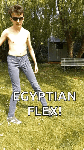 Shirtless Young Man Egyptian Flex In Grass GIF